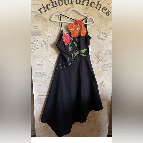 Anthropologie Yukiko Noritake Asymmetrical Floral Midi Dress Black Combo Orange - Picture 7 of 9